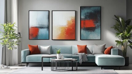 Modern living room showcasing abstract art above a stylish sofa