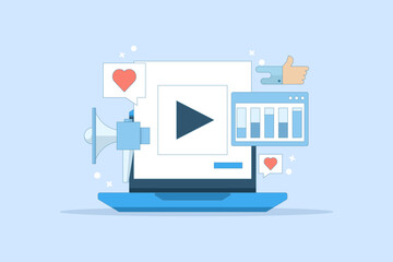 Social media video ad concept, Brand promotion on social media, Content advertising, Social media ad analysis. Content marketing strategy, Marketing analysis. Vector illustration.