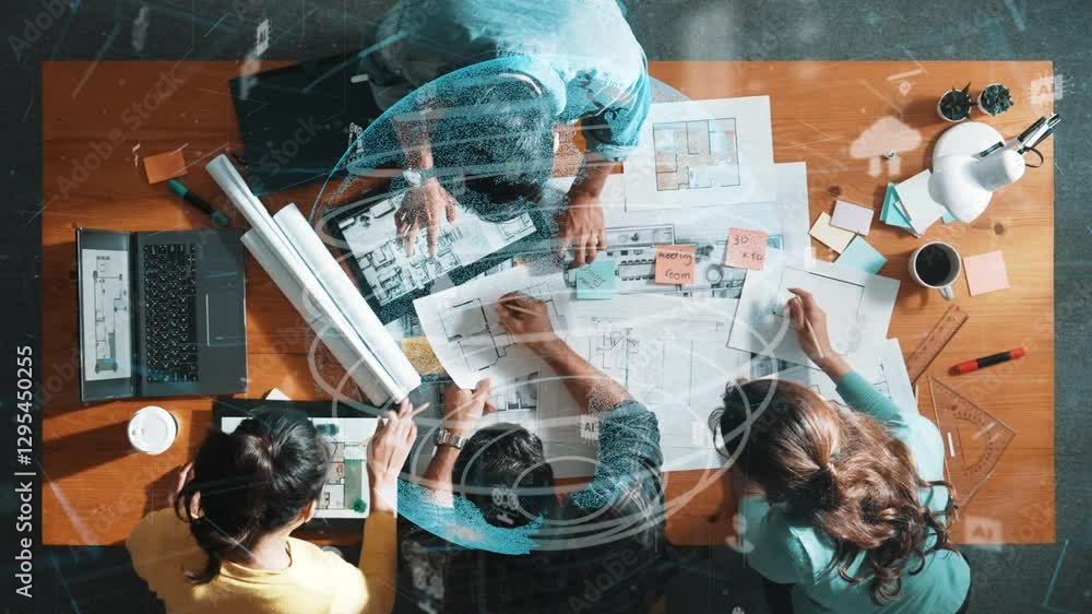 Poster top down aerial view of civil engineer team holding blueprint at meeting room. aerial view of group 
