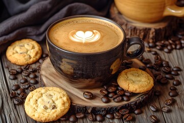 Fototapeta premium Heart Latte Art Coffee Cup Cookies Beans