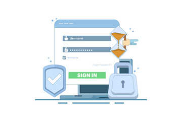 Secure session login username concept, password padlock, computer protection. data protection, log in to account, user authorization. login authentication page. flat vector illustration.