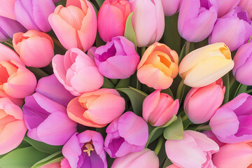 Obraz premium Brightly colored tulips fill the frame with hues of pink, purple, and yellow in a vibrant floral arrangement