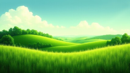 Rolling green hills under a bright sky with fluffy clouds, showcasing the beauty of earth green landscapes.