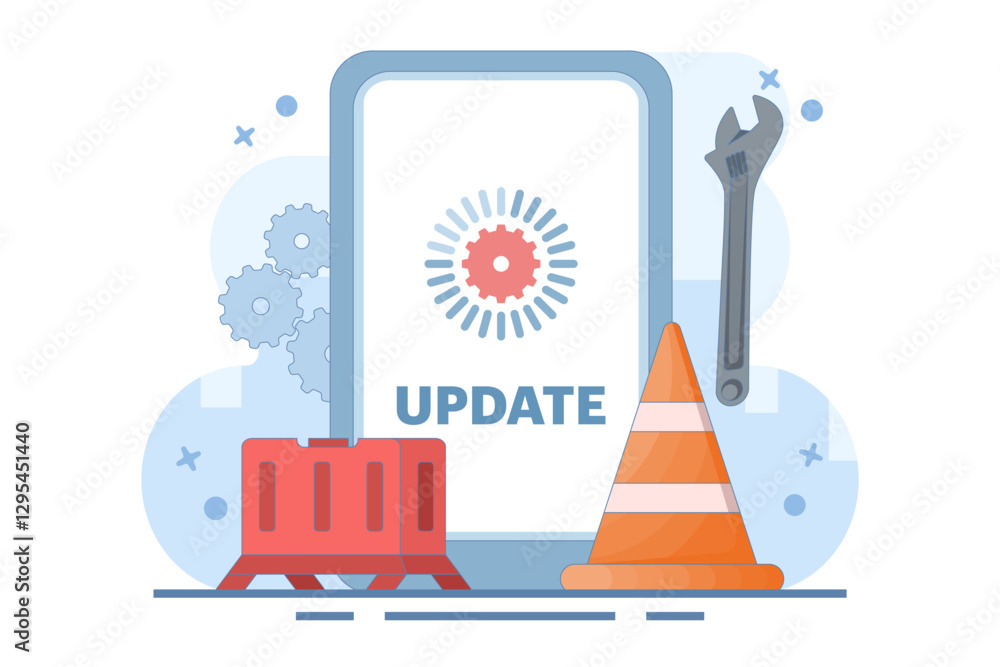 Aufkleber system maintenance concept, smartphone software update screen, update process, software installation