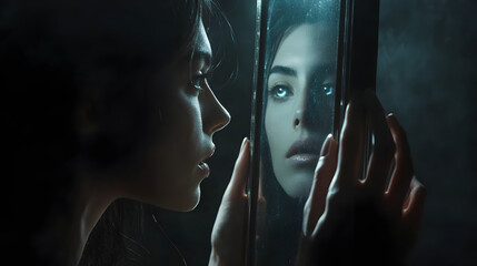 touching a mirror where an alternate reality version of herself is looking back 