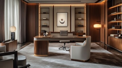 Elegant modern office featuring a large wooden desk and shelves
