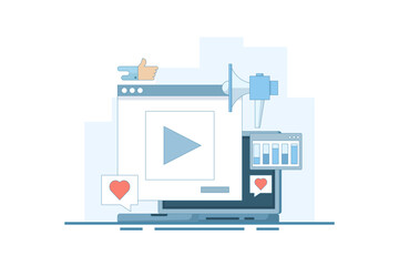 Social media video ad concept, Brand promotion on social media, Content advertising, Social media ad analysis. Content marketing strategy, Marketing analysis. Vector illustration.