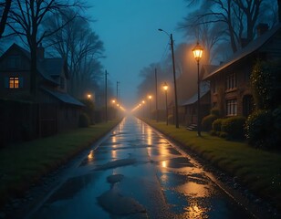Misty Night Street: Lamp-Lit Houses and Reflective Road