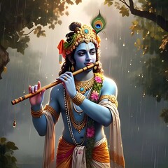 Divine Lord Krishna Playing Flute – Spiritual Hindu God Wallpaper for Janmashtami & Meditation