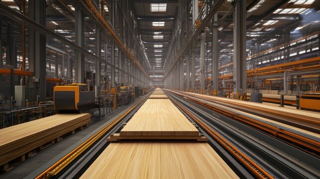Automated wood processing line in a large industrial factory