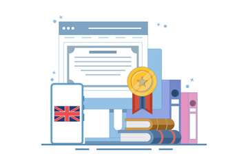Online English language education course concept, PC computer with certificate frame, books, smartphone, translation, Language translation, digital marketing. Illustration on isolated background.