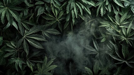 Lush green cannabis leaves surrounding hazy smoke filled center