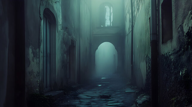 foggy alleyway with a broken mirror revealing a hidden parallel world 