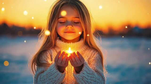 Slavic winter solstice celebration of korochun with a child holding light