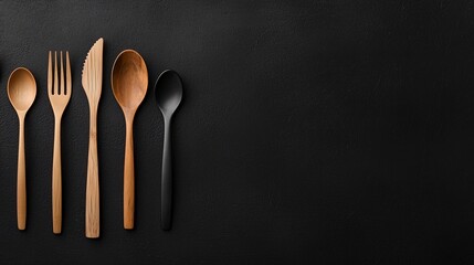 Artful Arrangement of Wooden Cutlery on Dark Surface Kitchen Decor High-Quality Image Minimalist Style