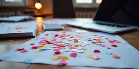 Fototapeta premium Confetti scattered on a modern table with laptop and papers, creative workspace, modern office decor, paper