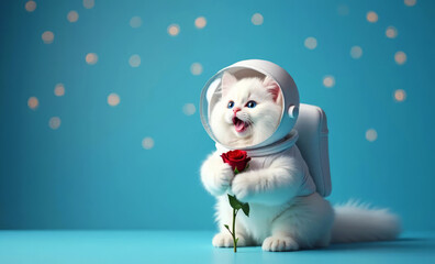 Fototapeta premium Funny white cat in astronaut costume with a rose. Congratulatory concept for Cosmonautics Day