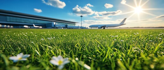 Airplane on runway with sunny sky and grass.
