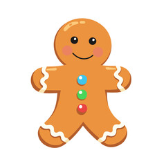 Cheerful gingerbread man cookie with colorful buttons and icing details, smiling sweetly against a white background.