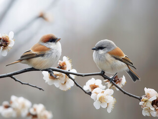 Two small birds perched on a blossoming branch during the early spring season