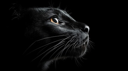 A close-up profile of a black cat, showcasing its striking features and captivating amber eye against a dark background.
