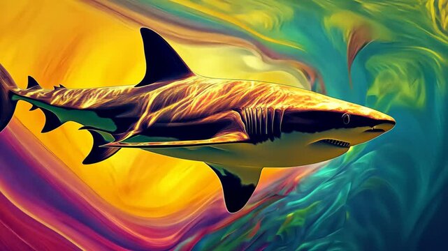 Shark swimming through vibrant colors in a digitally altered underwater environment, Digitally altered shark swimming through vibrant colors