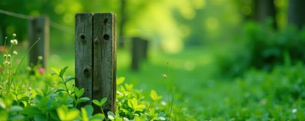 Damp, weathered wooden fence post surrounded by lush greenery, post, wild, fence