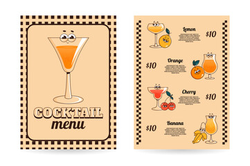 Retro groovy character summer drinks. Cocktail menu with cute beverage in glasses and fruits. Vector illustration for bar, pub, cafe, club, restaurant