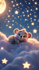 Adorable Baby Bear Resting on Fluffy Cloud with Bright Moon and Glittering Stars in the Serene Night Sky Kids and Children Book Cover Design Idea Inspiration