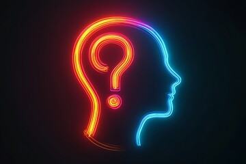 Neon head, question mark, dark background, concept art