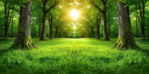 Fototapeta premium A forest with a bright sun shining through the trees. Anime background Minimalistic Photo 