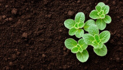 Oregano seedlings sprouting in dark soil