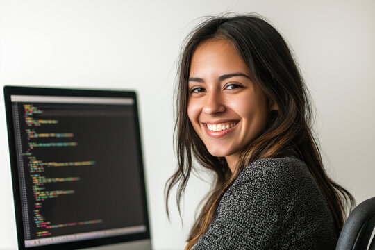 Smiling Woman Coder at Computer Software Development Programming - Powered by Adobe