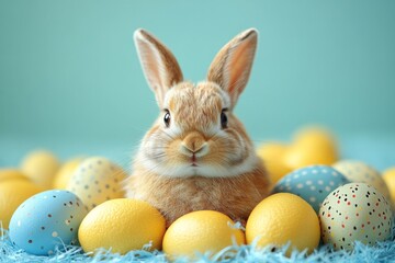 Fototapeta premium Bunny With Colorful Easter Eggs On Blue