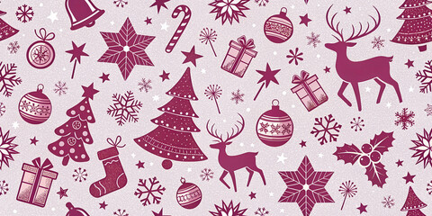 Naklejka premium Festive Christmas Pattern with Purple Background and Holiday Icons for Seasonal Designs