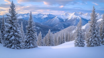Obraz premium Snowy peaks: Winter mountain range with frost-covered trees panorama 