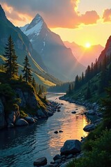 Golden Light Mountainside River Gentle
