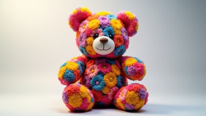 A colorful flower teddy bear with a patchwork of vibrant flowers covering its body, creating a cheerful and unique appearance.