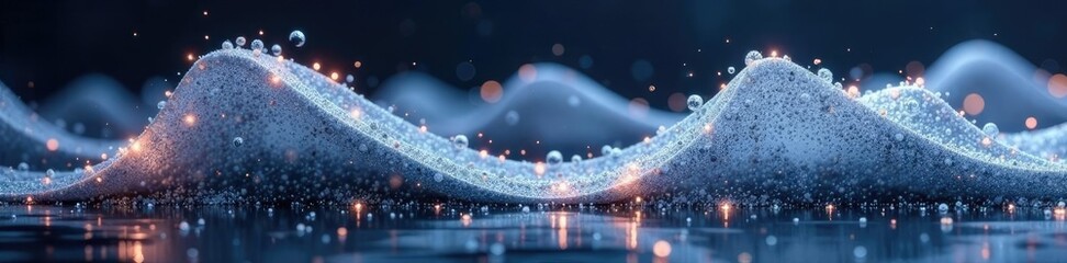 Luminous silver waves undulate on a textured background, iridescent, curved shape, fluid