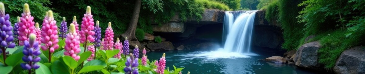 Fototapeta premium Lupine flowers in a secluded area beneath a cascading waterfall, waterfall, foliage, greenery