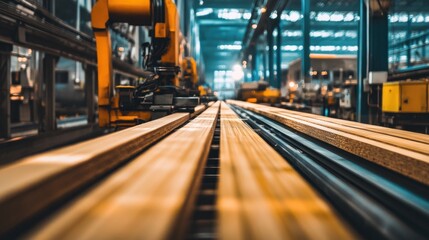 Automated robot arm moving wooden planks on a conveyor belt