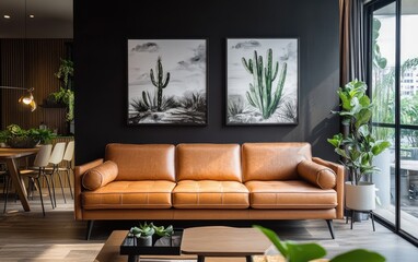 Modern apartment living room with tan leather couch and cactus prints