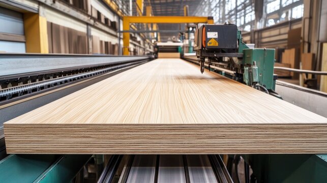 Large wooden panel being processed by an industrial machine