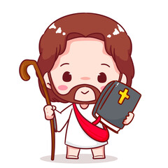 Cute Jesus chibi holding bible cartoon character. Christian Catholic concept design. Vector icon mascot illustration.