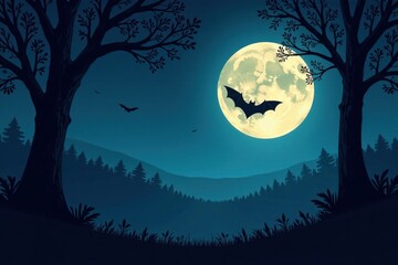 Dark silhouette of flying bat against full moon in forest at night, bats, wildlife, forest