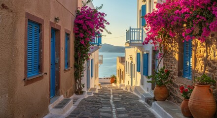 Obraz premium Serene alleyway in a coastal village adorned with vibrant flowers and traditional architecture - 