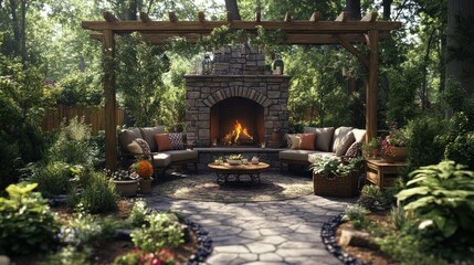 Outdoor fireplace seating area under pergola