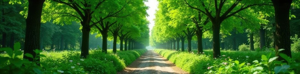 lush green foliage netting rows of tall trees, trees, foliage, flowers