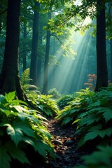 Fototapeta premium Darkly lit forest with giant ferns and leaves , dark forest, ferns, growth