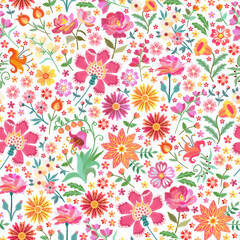 Seamless ditsy floral pattern. Beautiful embroidery flowers on white background. Print for fabric, textile.